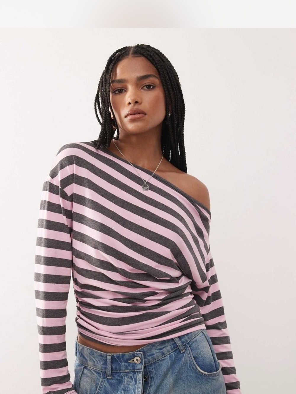 ASOS Collusion Striped Off-Shoulder Long Sleeve Top in Pink and Gray